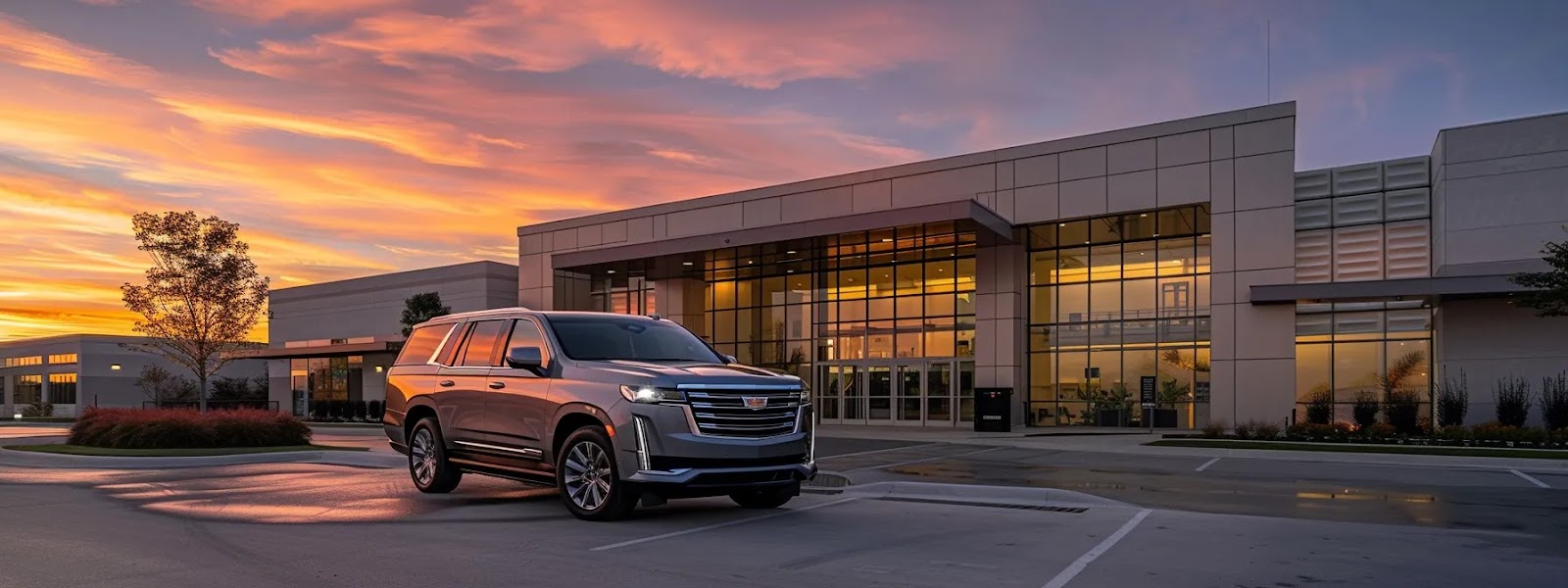 a sleek cadillac escalade parked in front of a modern insurance office, showcasing luxury and savings for smart drivers in oklahoma.