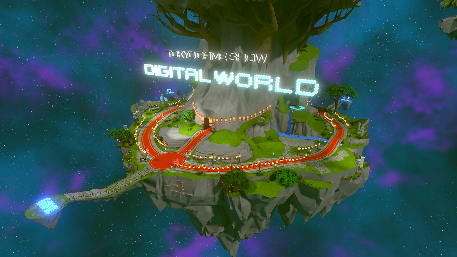 TGSWD2024のコア空間。大きな大樹「ゲームツリー」を中心にお祭り会場が開かれている。