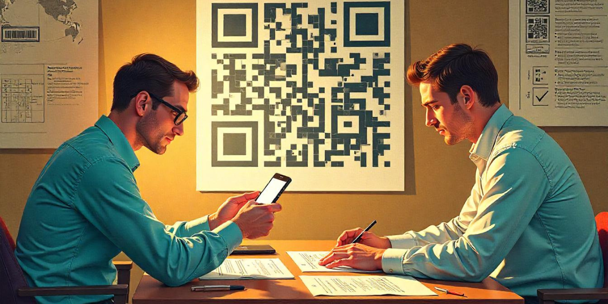 Two people working on a table, discussing about random QR Code generator.