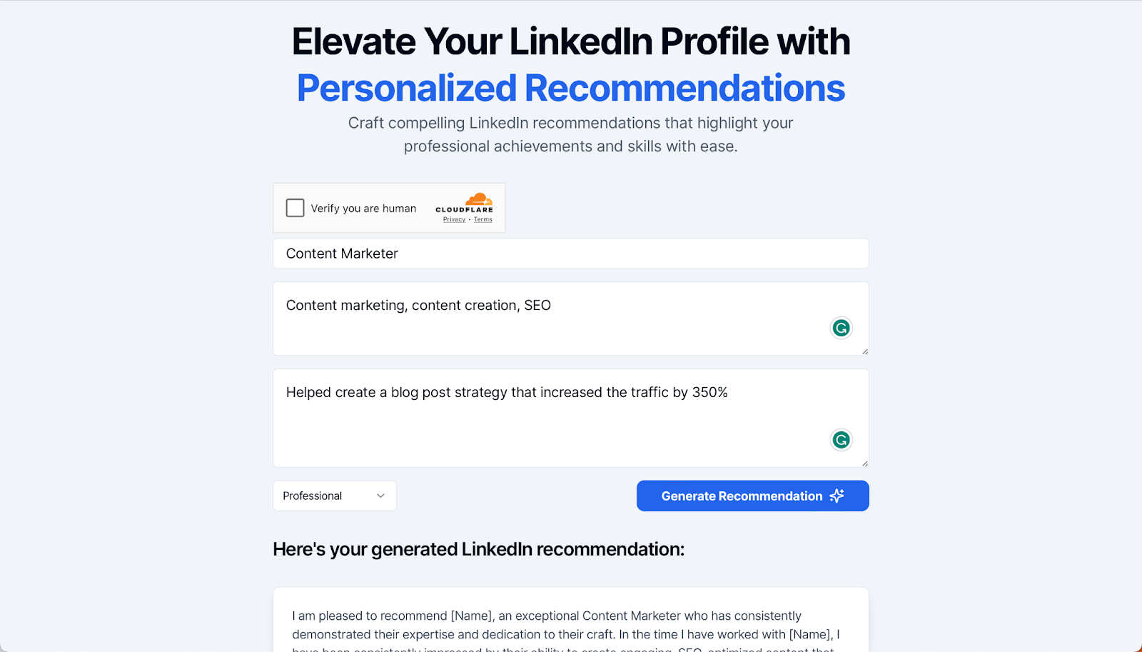 Socialsonic LinkedIn Recommendation Generator.