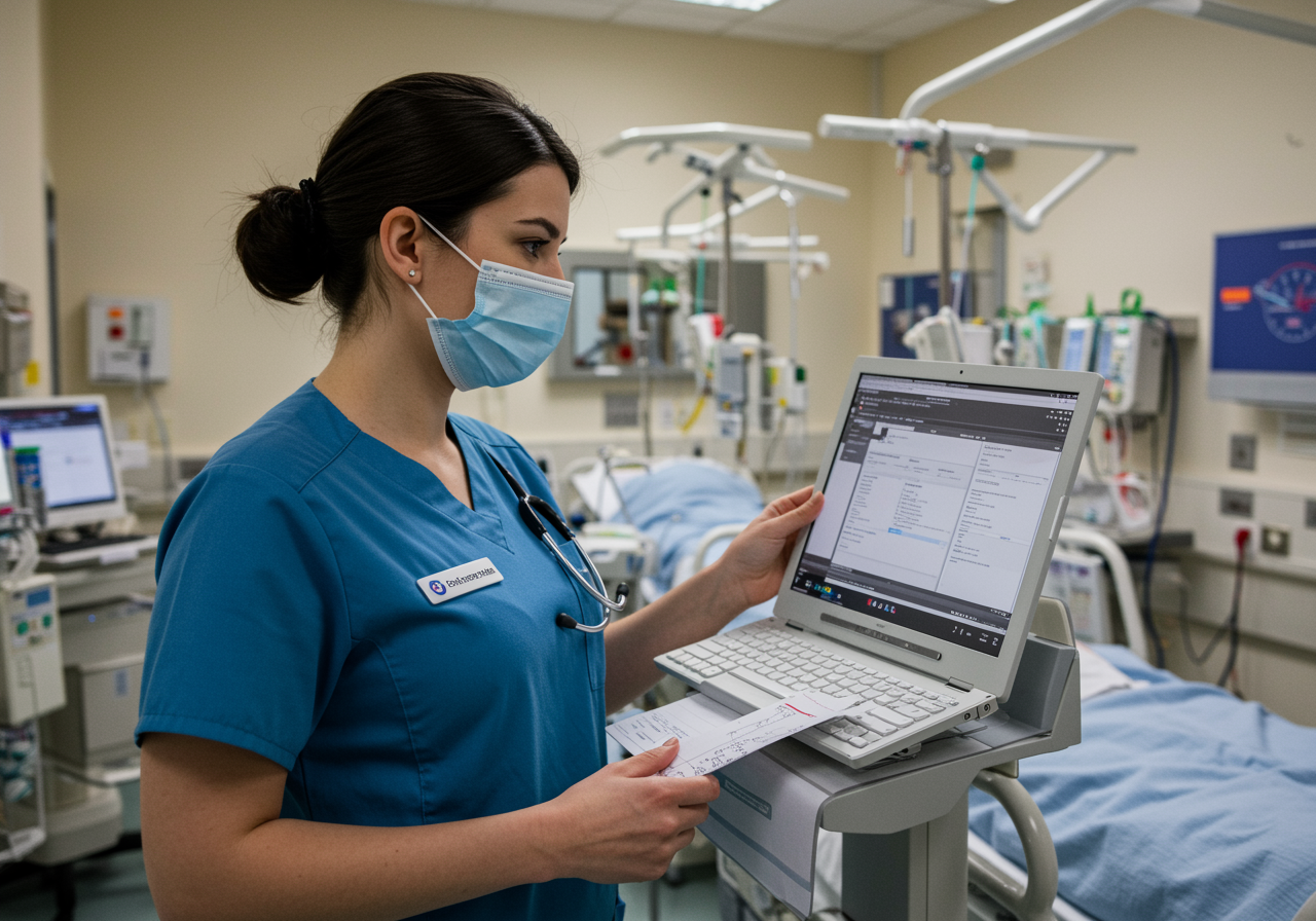 A nurse handling administrative work