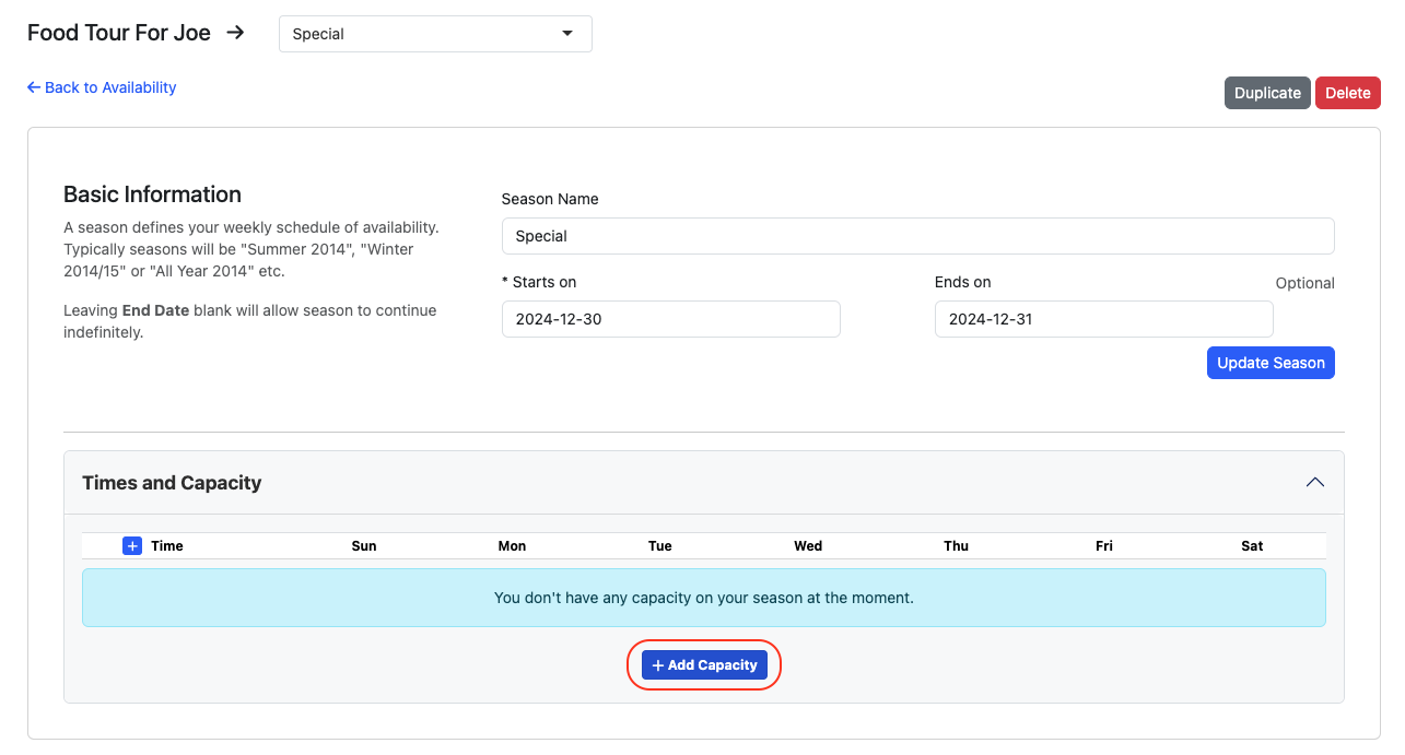 Add capacity to set up tour availability.