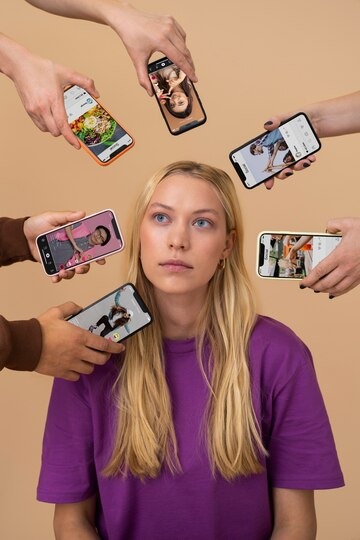 Six hands holding phones with Instagram feeds are shown to a girl, who is thinking about how to take a break from Instagram without deleting it.