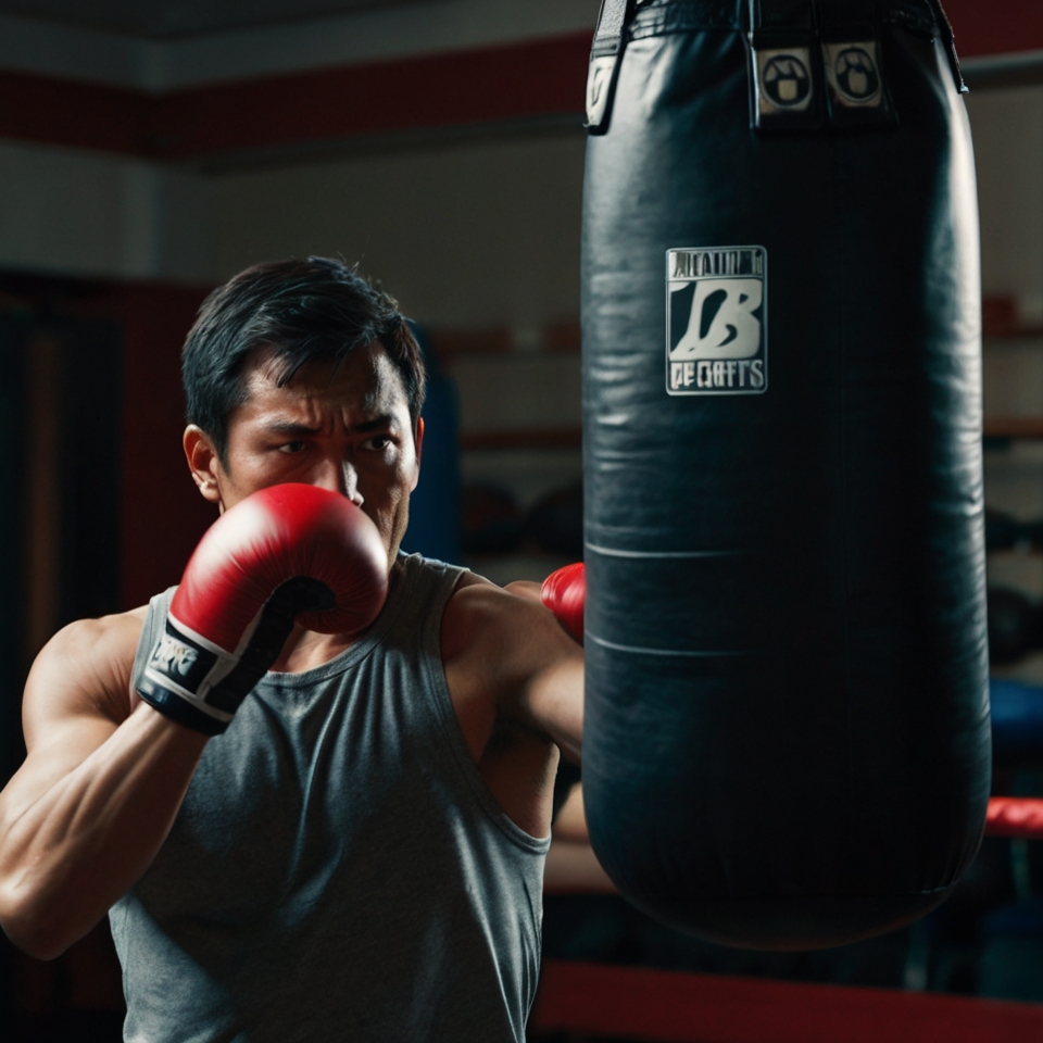 A man hitting a punching bag with intense focus