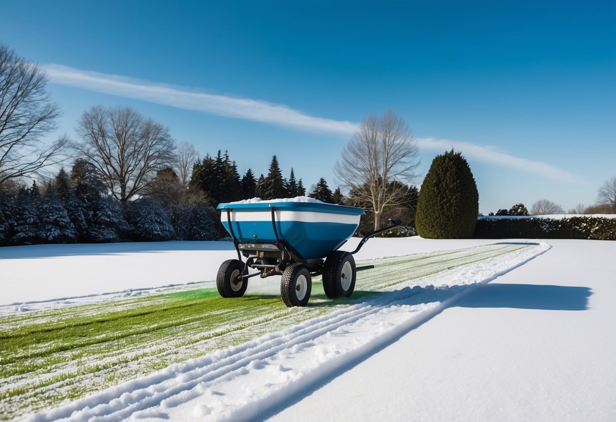 A snowy lawn with a spreader applying fertilizer, surrounded by winter trees and a clear blue sky