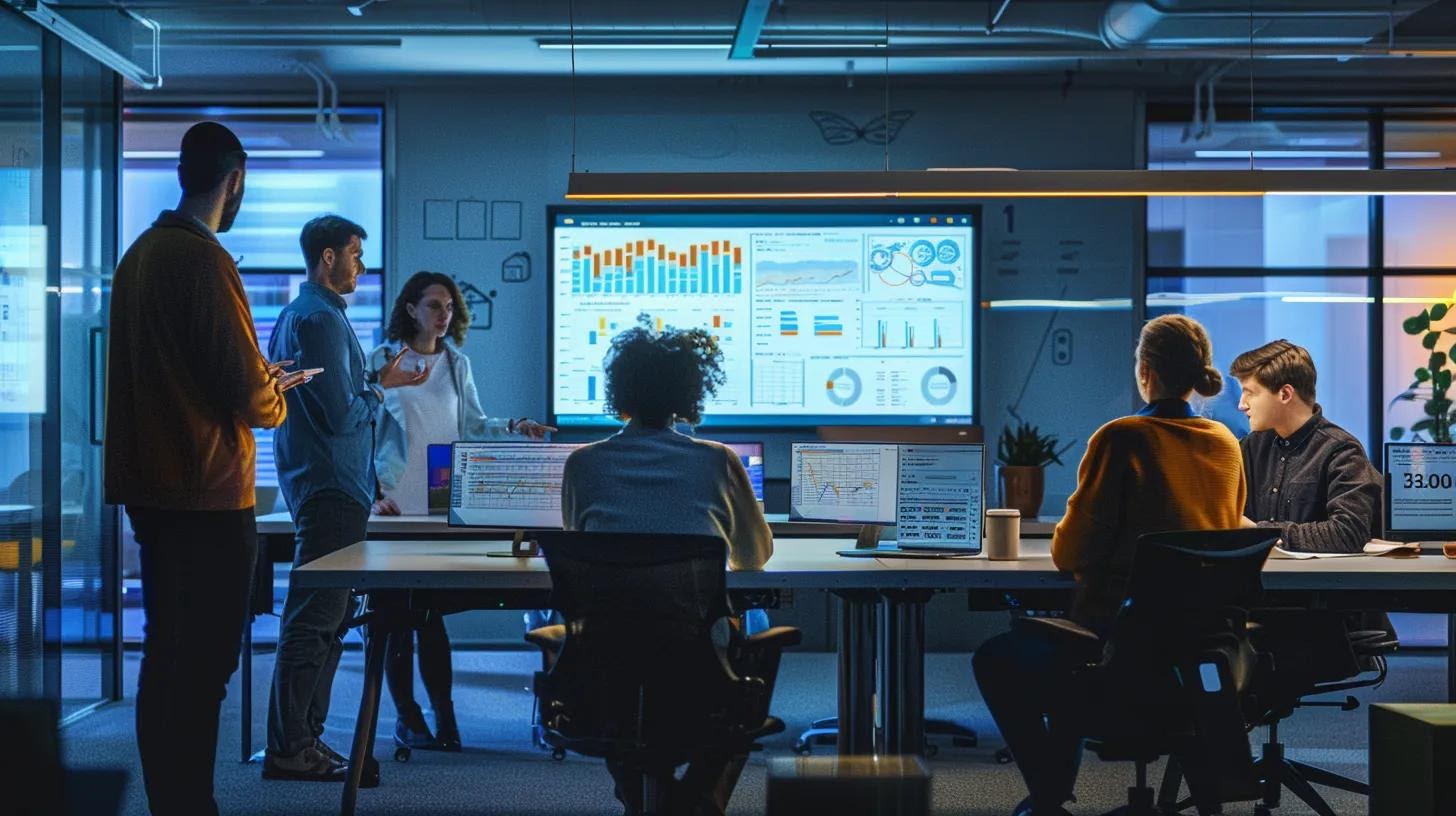 a dynamic office environment showcasing a diverse team engaged in an interactive digital display, analysing predictive analytics charts and sales forecasts, illuminated by bright, modern lighting that highlights the futuristic technology at play.