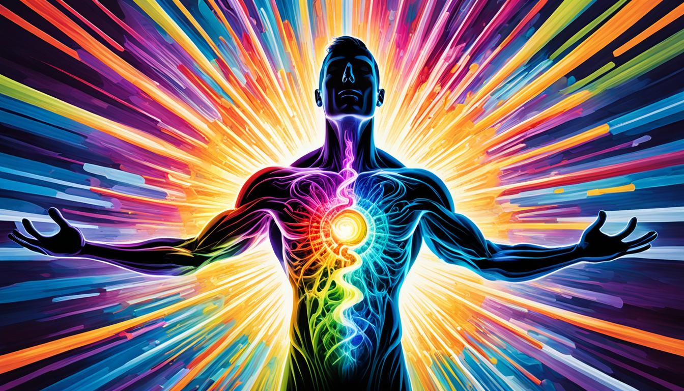 A radiant ball of energy emanating from the center of a person's chest, expanding and filling the entire body with light. Surrounding this person, there are waves of vibrant colors radiating outwards, each representing a different emotion and energy. Make sure the colors are bright and vivid, and the waves are moving in a dynamic and harmonious way. Show the person standing in a peaceful and serene environment, surrounded by nature and feeling connected to the world around them. The overall mood of the image should be uplifting, inspiring, and empowering.