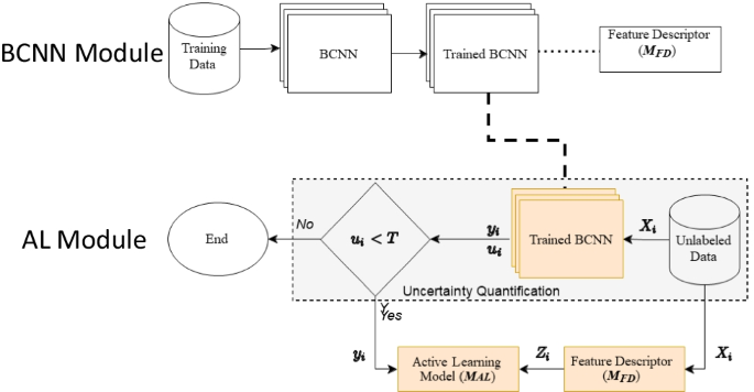 Illustration showing the use of Bayesian convolutional neural network (BCNN) for uncertainty quantification for annotating the unlabeled data