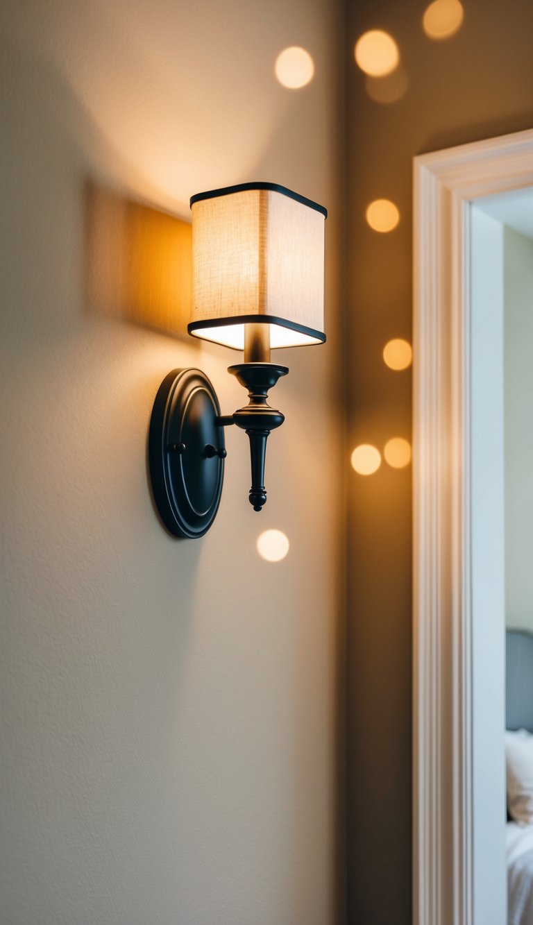 A bedroom wall with a decorative sconce installed, casting a warm glow over the cozy space