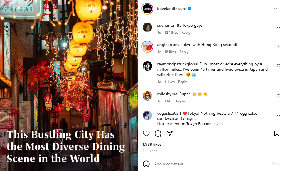 social media competitor analysis - Instagram post about diverse dining 