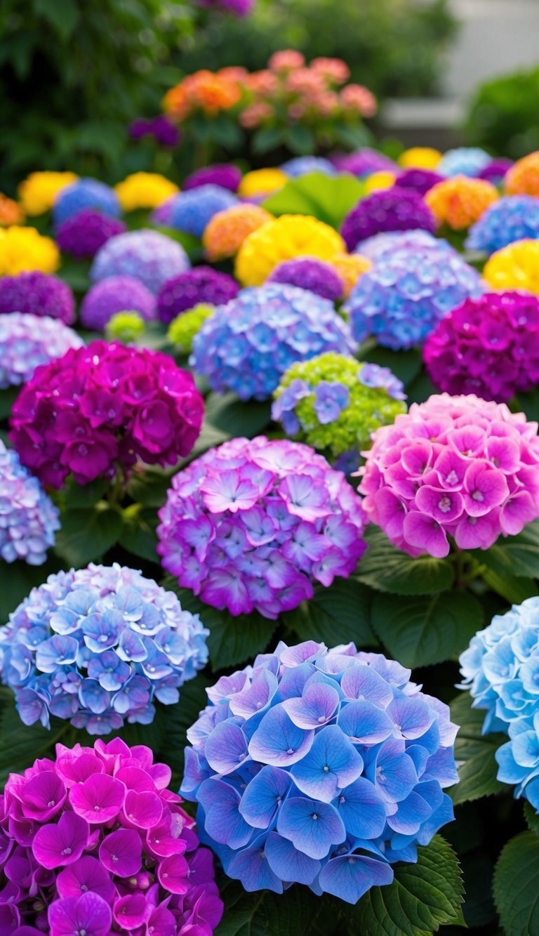 A colorful array of hydrangeas in full bloom, creating a vibrant and lively flower bed landscape