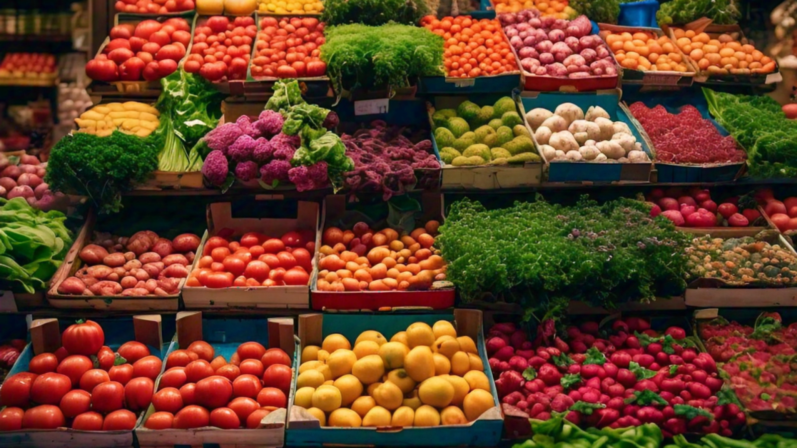 A vibrant display of fresh produce at a Mediterranean market, featuring colorful fruits, vegetables, and herbs.