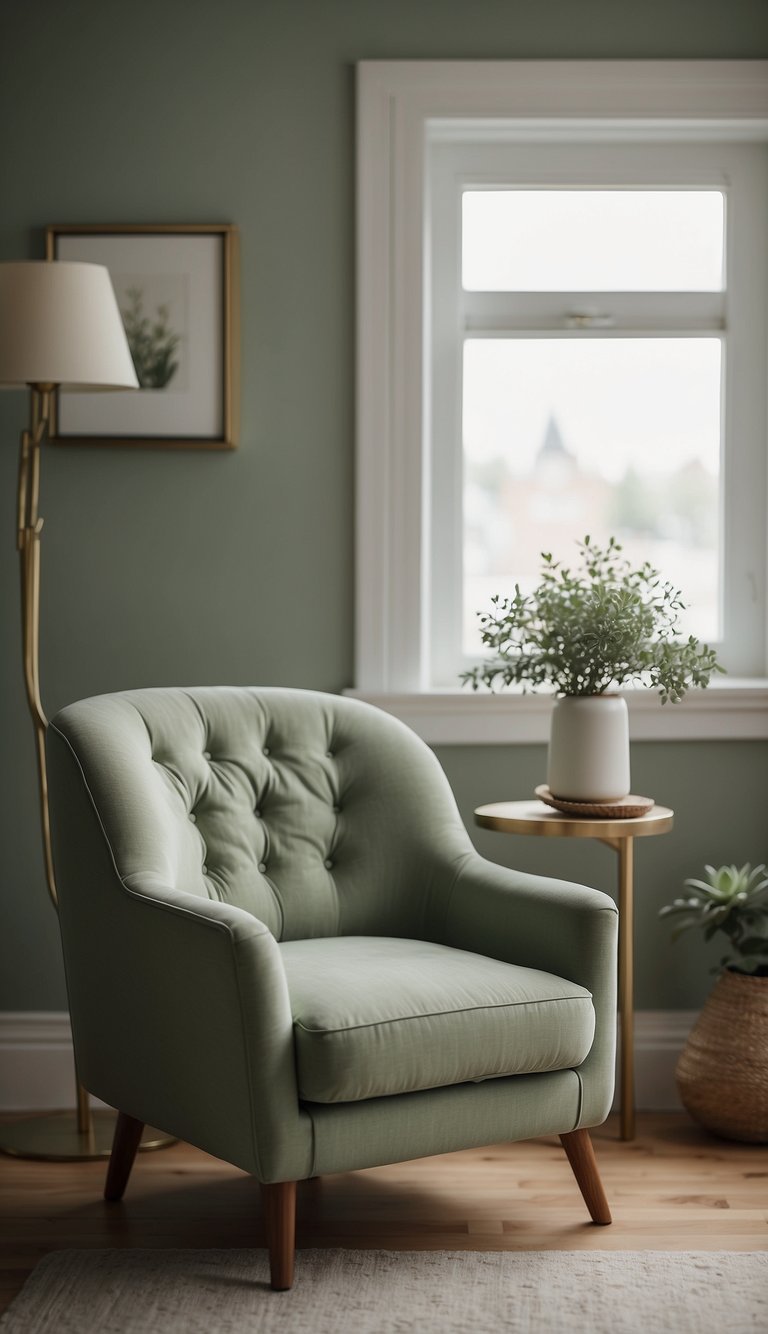 A sage green chair sits in a serene bedroom, surrounded by soft, muted tones. The room exudes tranquility and calmness, creating a peaceful atmosphere