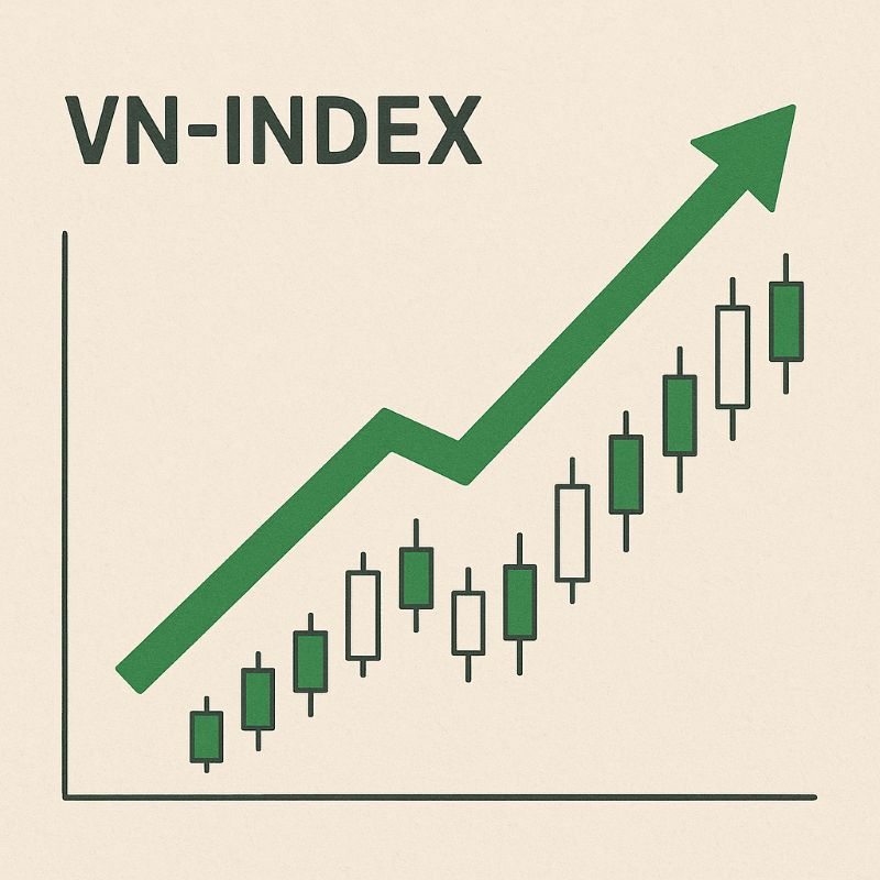 Biểu tượng VN-Index tăng trưởng trên nền đồ thị cổ phiếu