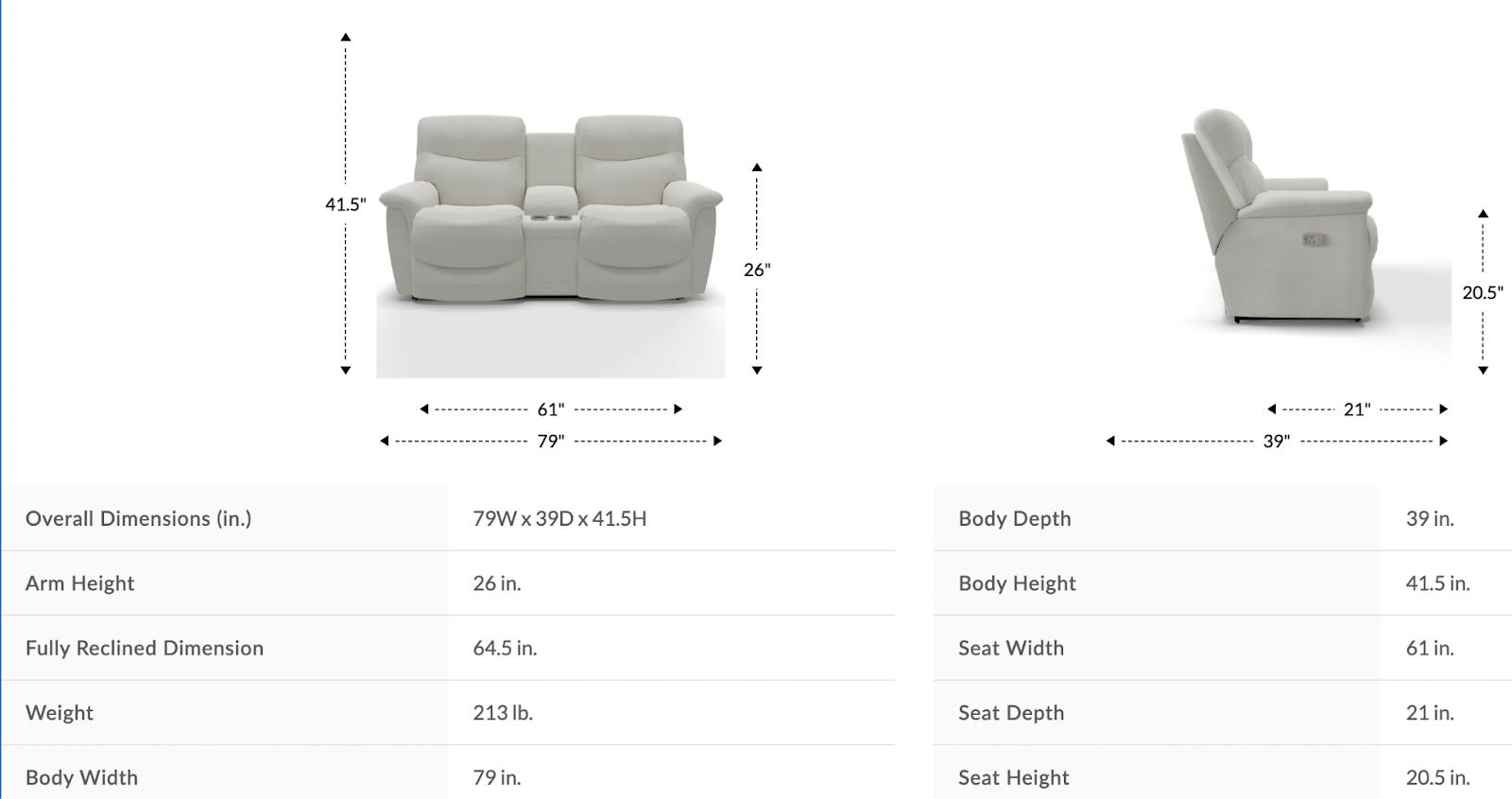 james power reclining loveseat w/ headrest & console dimensions