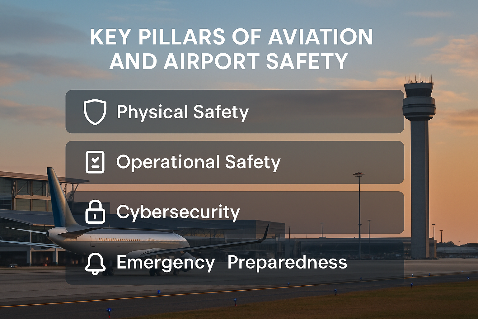 Infographic showing four pillars of airport safety with icons over an airport background.