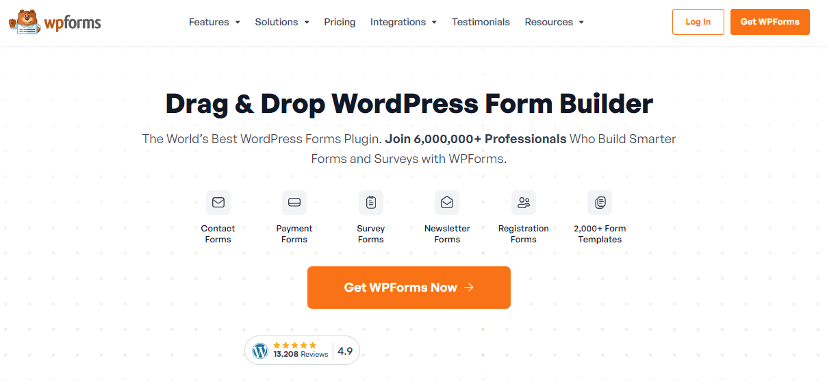 A snapshot of the homepage of WPForms
