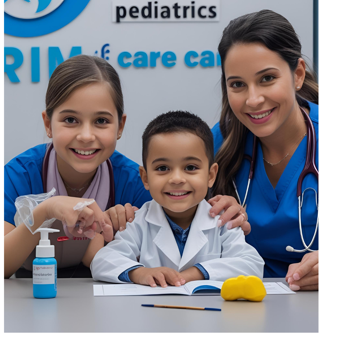 A smiling pediatric healthcare team, including a young boy dressed as a doctor, posing at a desk with a notebook, stethoscope, and sanitizer bottle in front of a "PrimeCare Pediatrics" sign.