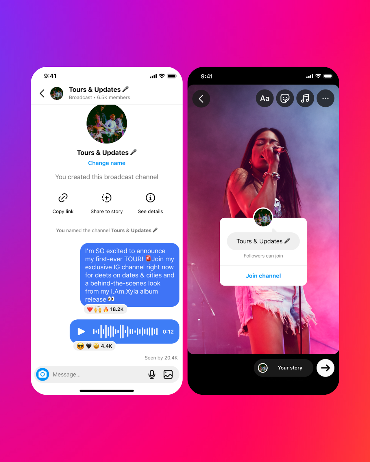 A screenshot shows the page where you can join a broadcast channel on instagram, and the messaging center associated with the broadcast channel.