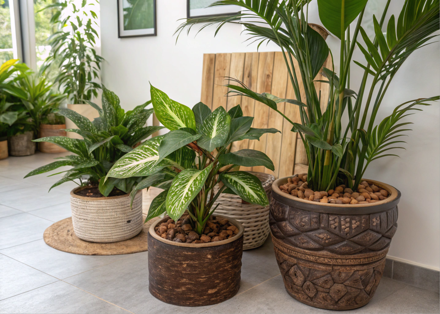 Camedórea-elegante em um jardim interno com outras plantas 