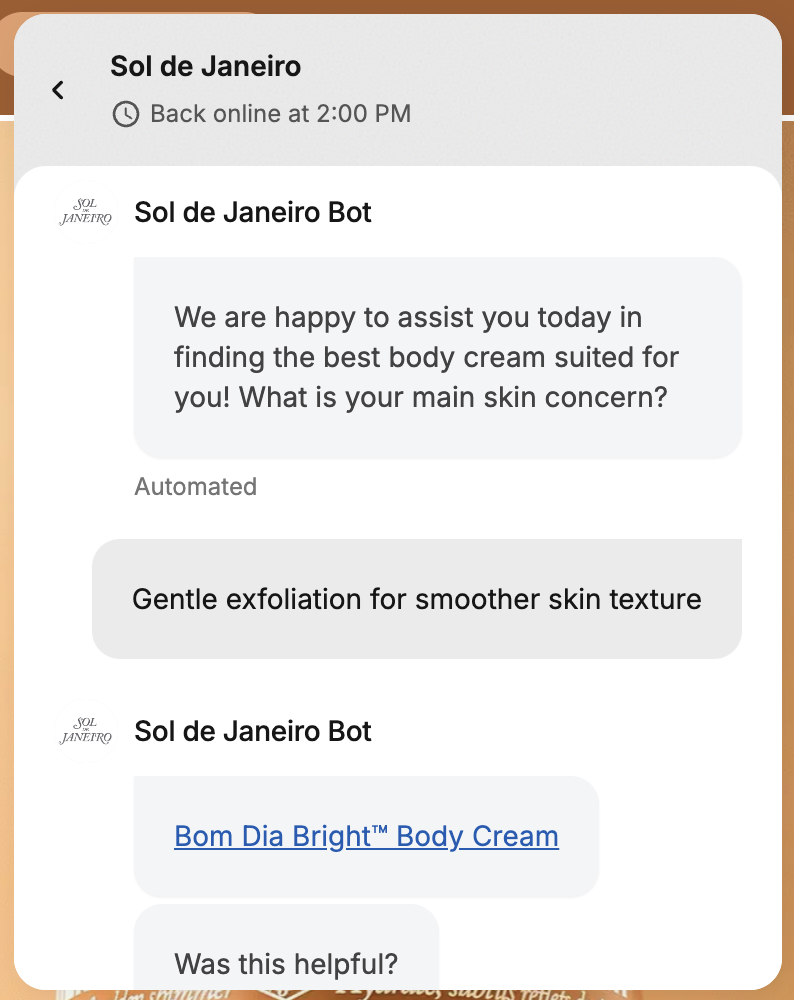 Beauty brand Sol De Janeiro’s chatbot helps a customer find a product 