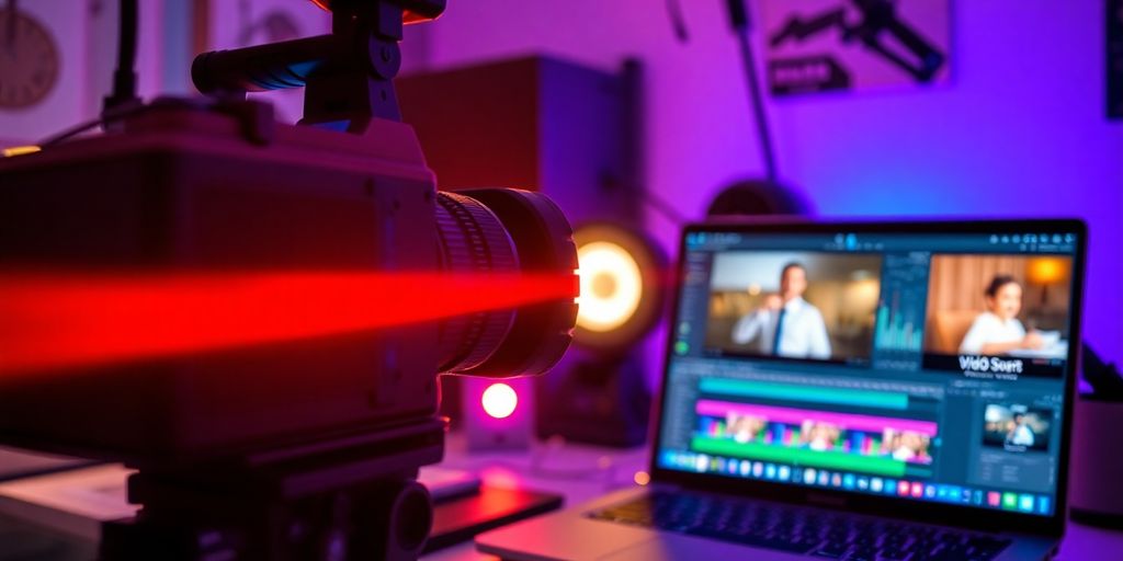 Camera recording video ads with vibrant light effects.