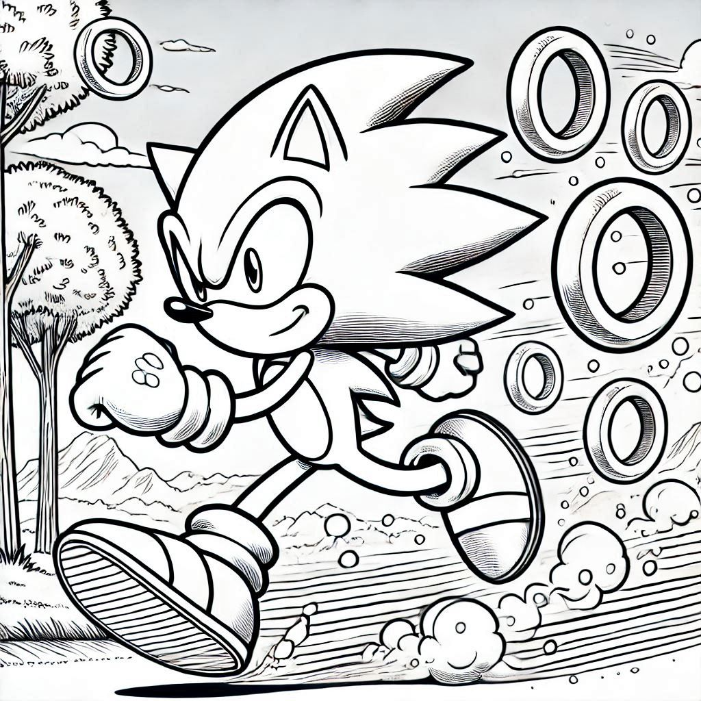 Desenho de Sonic correndo em alta velocidade com anéis flutuantes ao redor.

