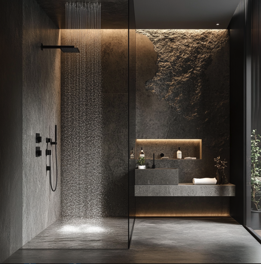 Grey tiled and stoned modern bathroom showcasing a shower with glass panel with water on. Featured in the blog Luscious Locks: How Body Oil Can Transform Your Hair Care Routine