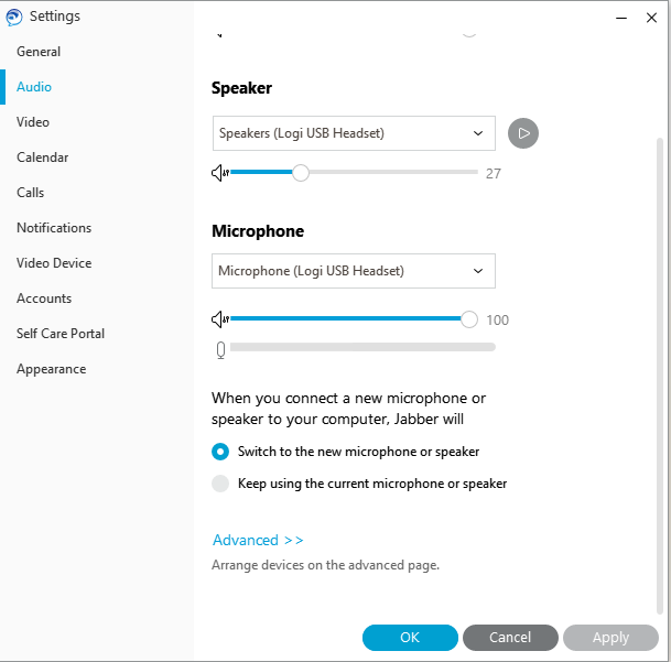 Screenshot showing speaker settings for Jabber