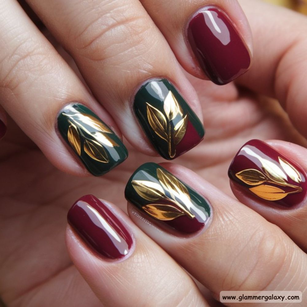 Thanksgiving Nail Designs having Golden Autumn Leaf Nail Design
