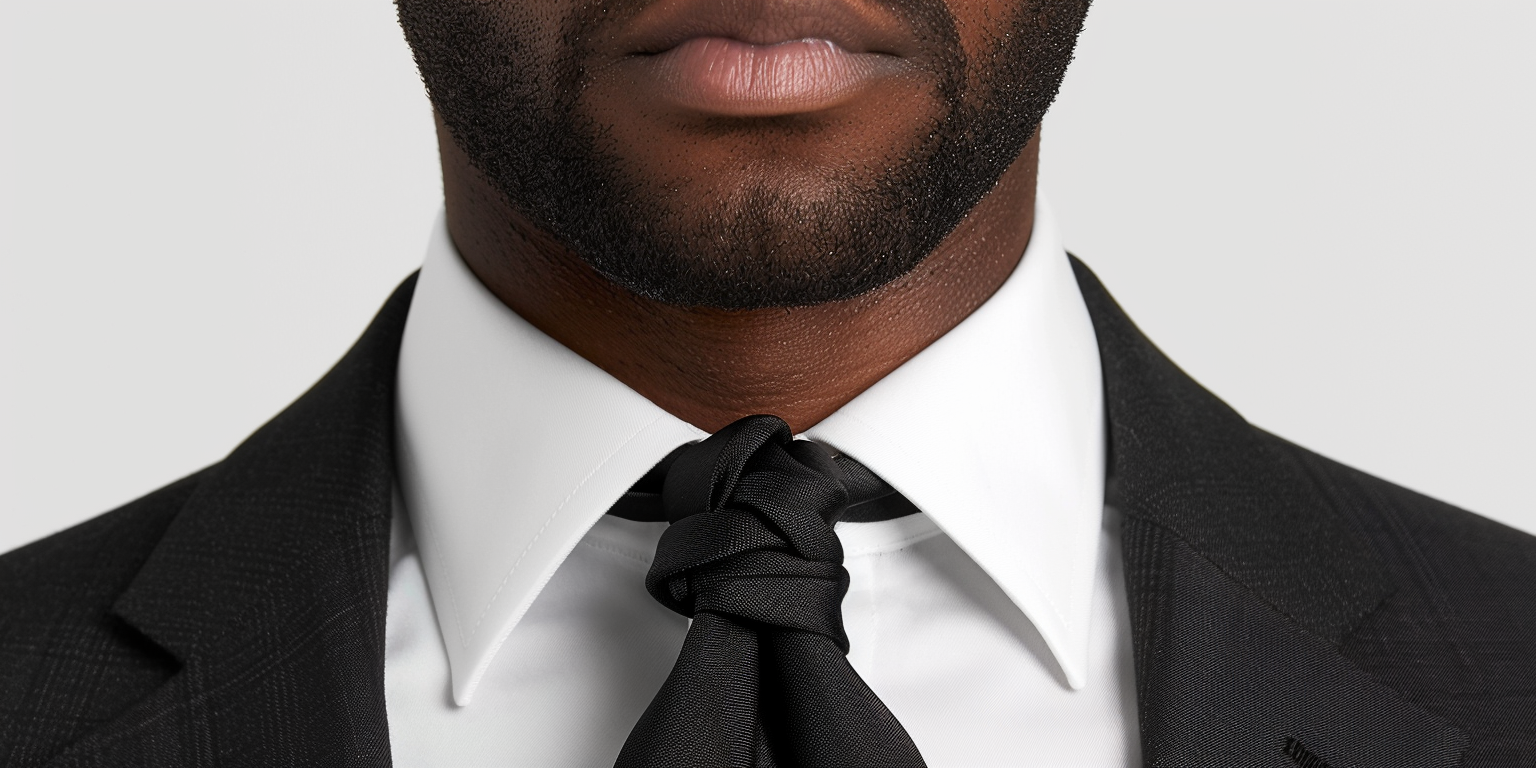 Close-up of a man tying a compact, angular Kelvin necktie knot on a slim black tie with a matte finish. The knot is firm and sharp, perfectly fitting a narrow collar on a crisp white shirt. The style is sleek, minimalist, and slightly formal, ideal for modern casual or smart-casual looks. Soft, focused lighting highlights the knot’s precise shape and clean edges.