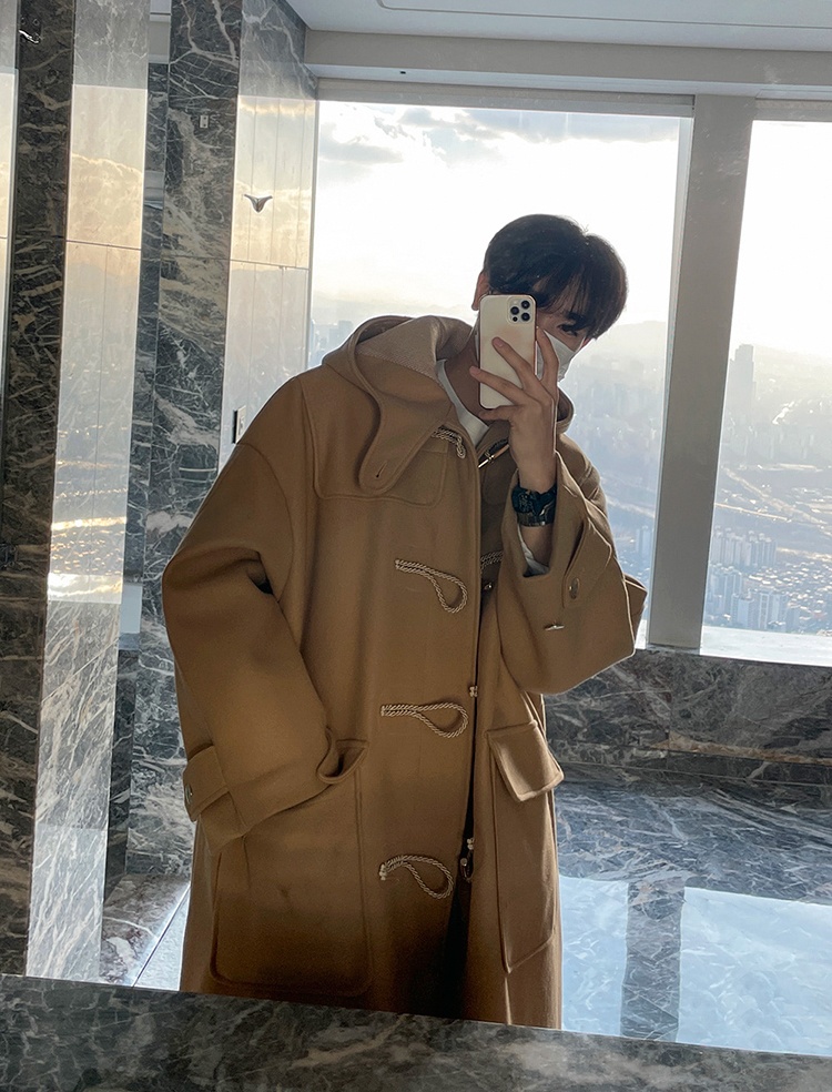 korean mens fashion: Sophisticated Warmth: A Korean Man’s Classic Camel Duffle Coat Look