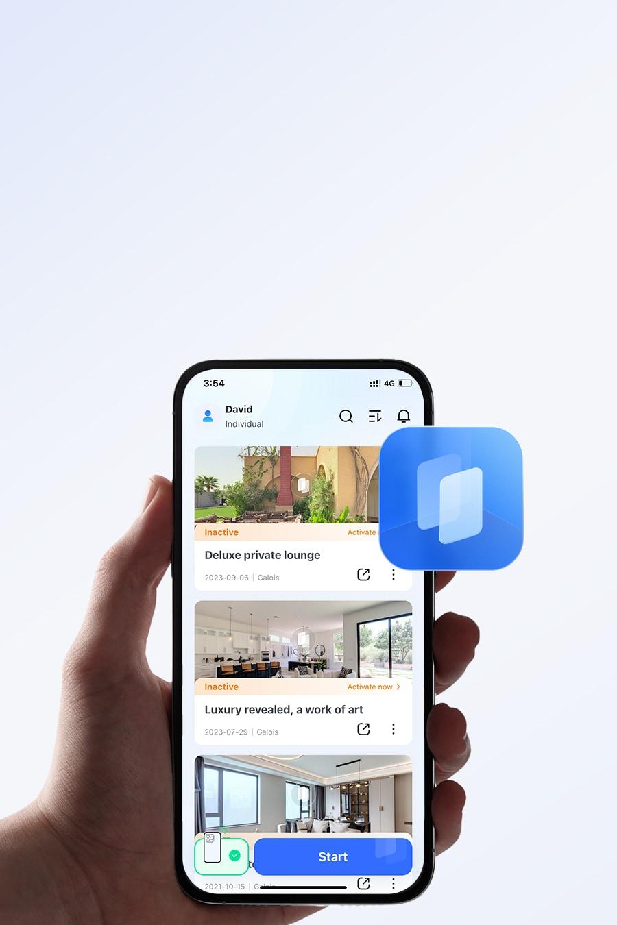 The Realsee app page is displayed on the phone