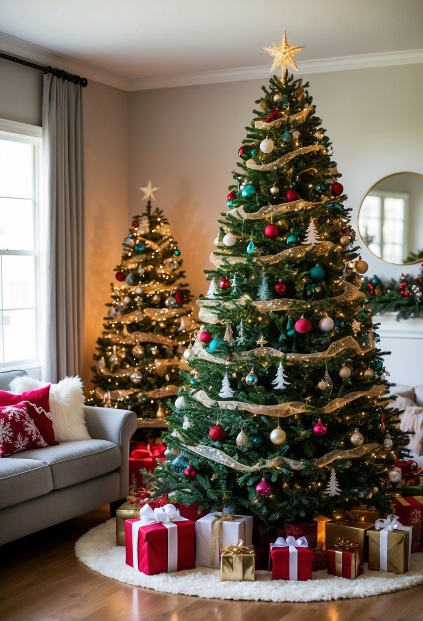 A cozy living room with a tall, fully decorated Christmas tree surrounded by presents, twinkling lights, and festive ornaments