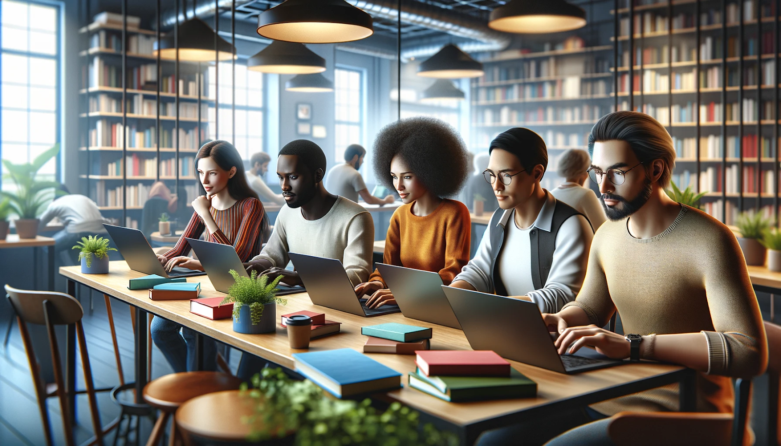 A diverse group of authors working on laptops in a modern library, surrounded by bookshelves, plants, and soft lighting, reflecting a collaborative and creative environment. 