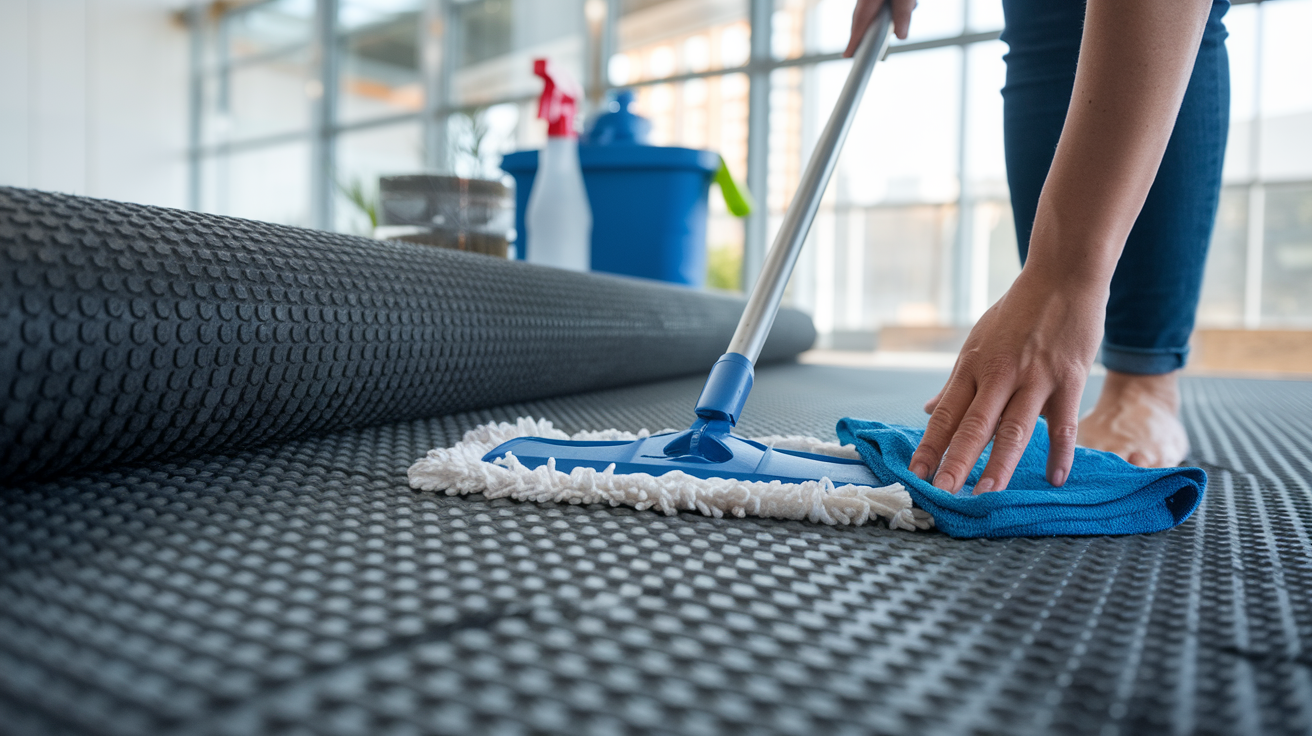 Create a realistic image of a person cleaning a rubber flooring roll in a well-lit indoor space, showing a close-up of hands using a mop and mild cleaning solution on a textured rubber surface, with cleaning supplies like a spray bottle and microfiber cloth neatly arranged nearby, depicting proper maintenance techniques for rubber flooring.