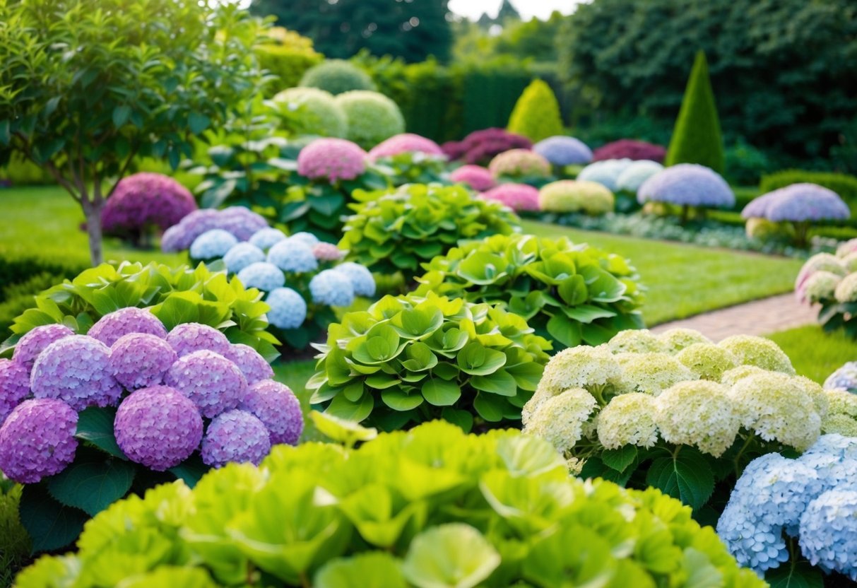 A lush garden with various shades of hydrangeas arranged in a visually appealing and functional landscape design