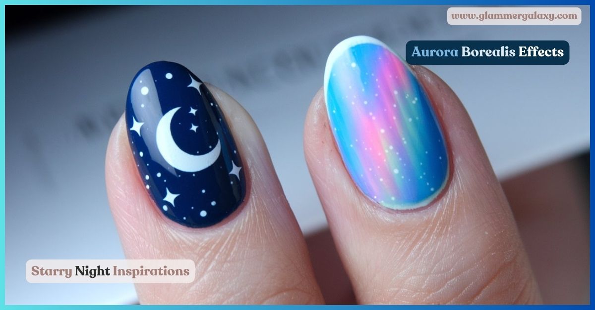 Two fingernails with celestial and galaxy-themed nail art, one depicting a moon and stars, the other an aurora borealis effect.