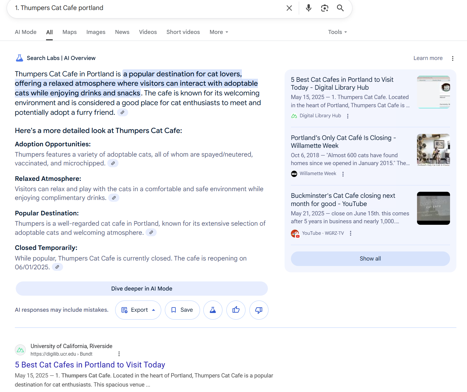 Screenshot of Google with the AI Overview result showing wrong information about cat cafes, taken from the AI spam blogs.