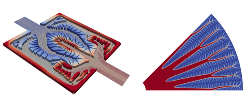 Computer model of a topology-optimized heat sink design for electronics cooling.