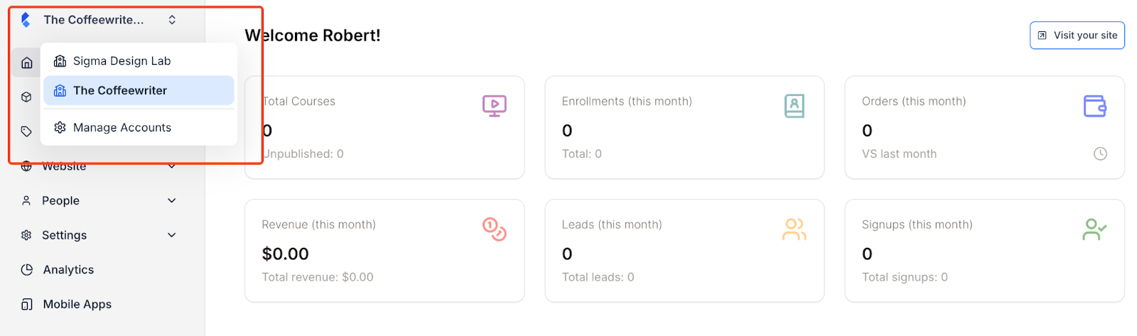 Switching to another site or accessing the site panel from the dashboard
