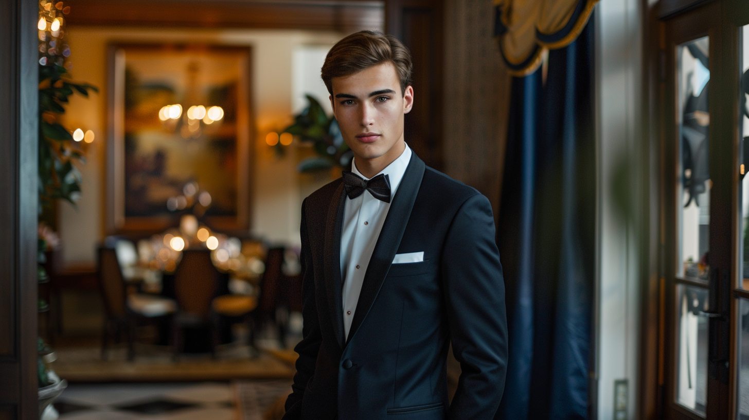 Teen guy wearing a classic black or navy tuxedo with satin lapels and pant stripe, paired with a crisp white shirt and black bow tie. Elegant prom setting with warm lighting and formal decor. Timeless, polished look.