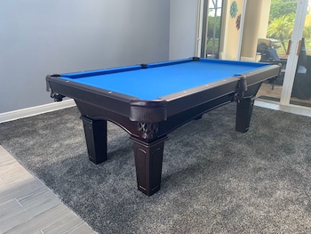 Olhausen Belmont Espresso Pool Table with blue fetl.