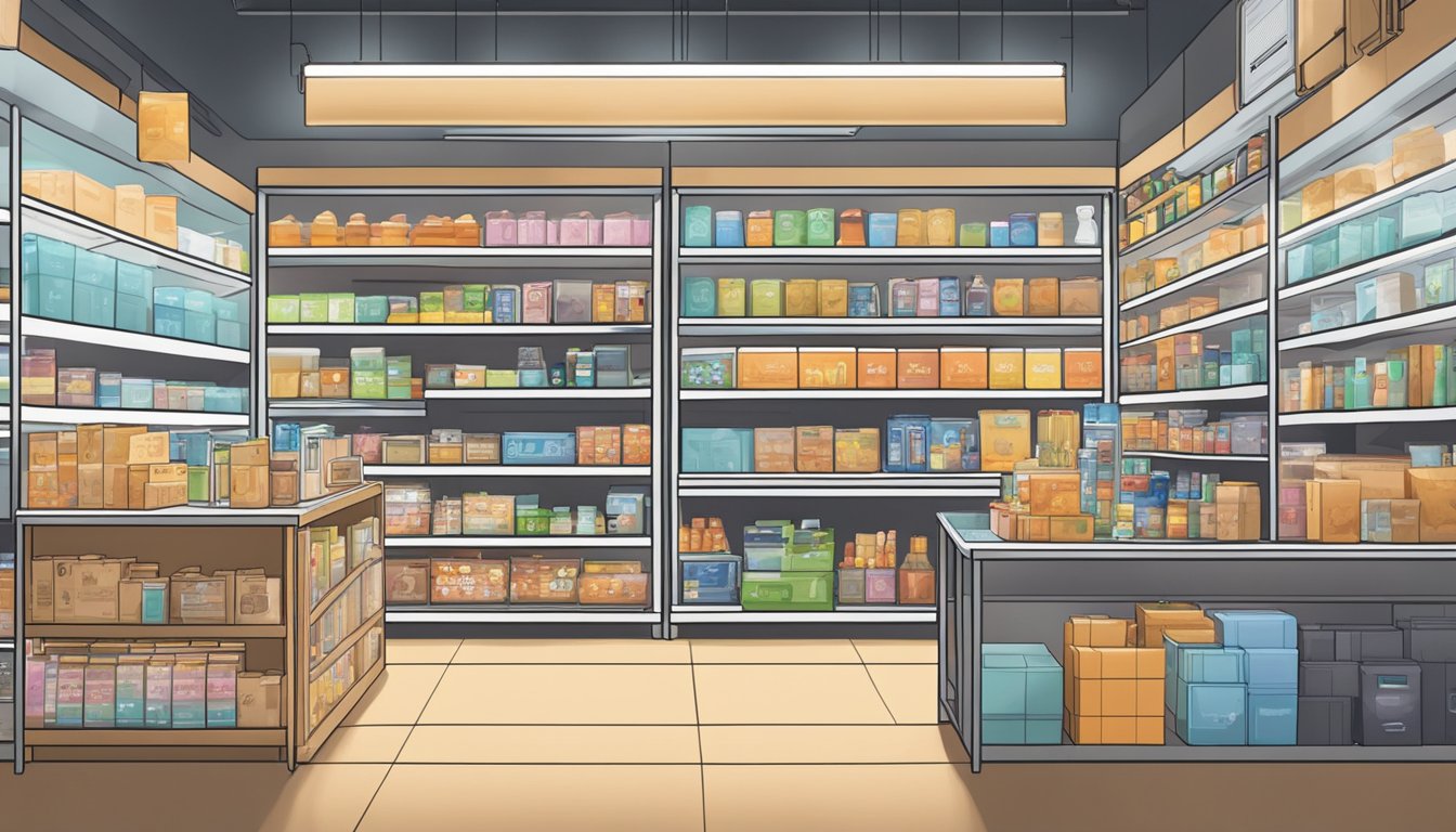 Various products are being placed on shelves in a well-lit storefront. A computer screen shows the process of adding items to an Amazon store