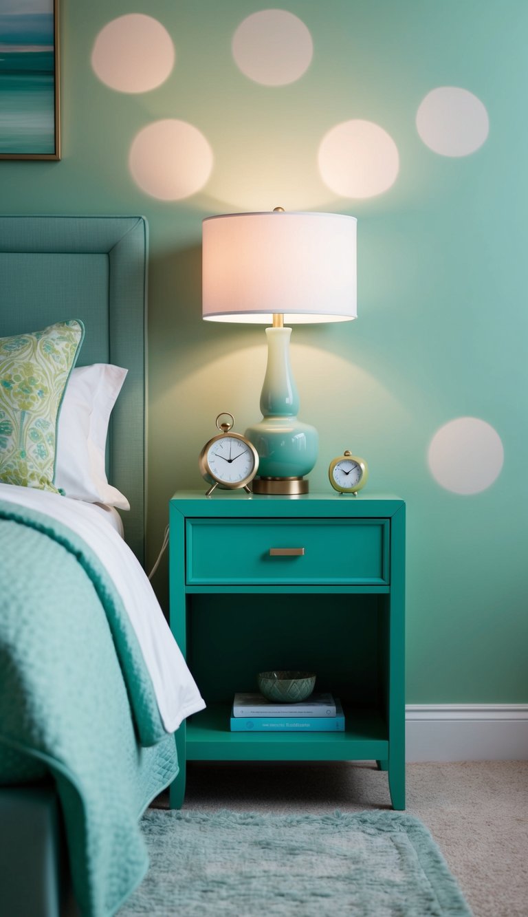 A seafoam green nightstand sits in a serene green bedroom, surrounded by calming decor and soft lighting