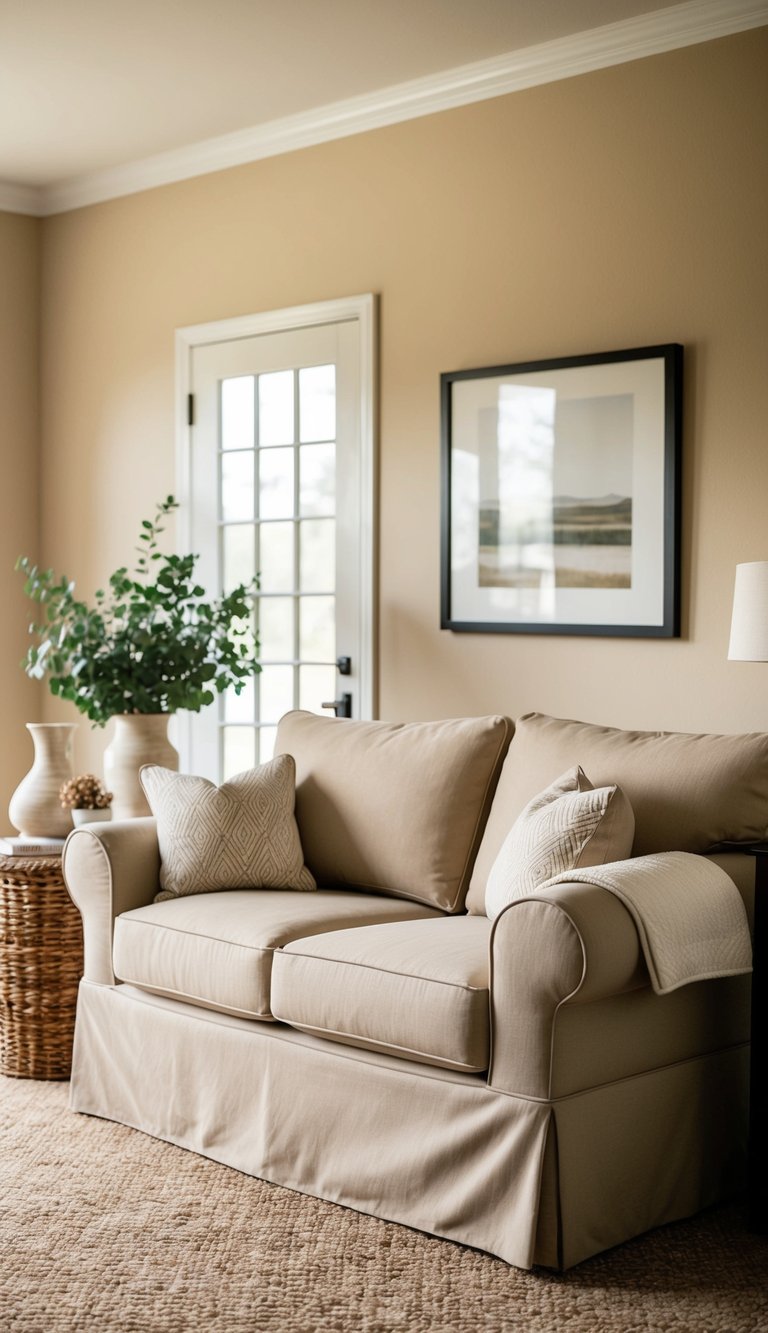 A cozy beige couch with a slipcover in a warm, inviting living room