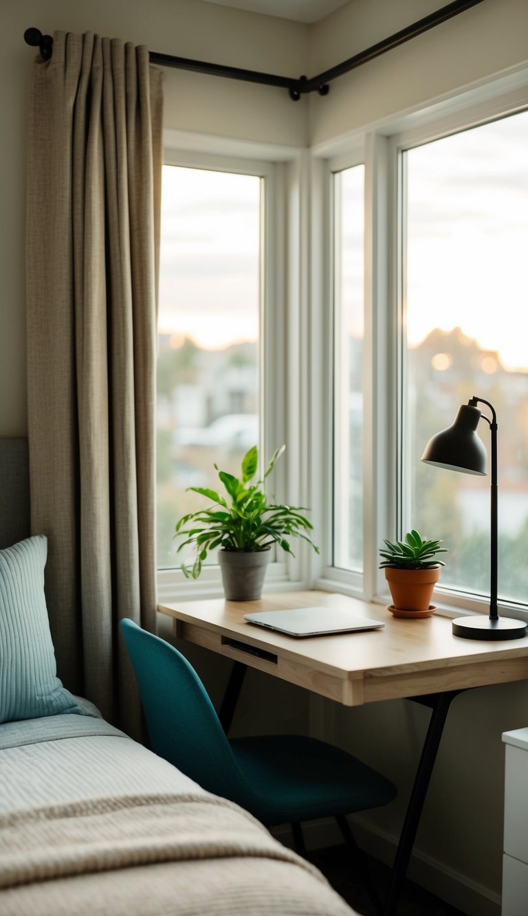 A cozy guest bedroom with a compact work desk nestled by the window, adorned with a potted plant and a desk lamp