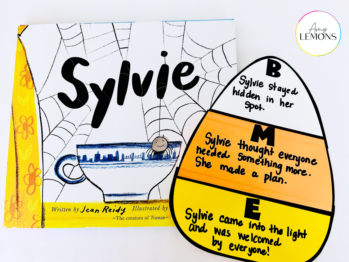 Fall reading activities for story retell with a candy corn craft for BME and the book Sylvie