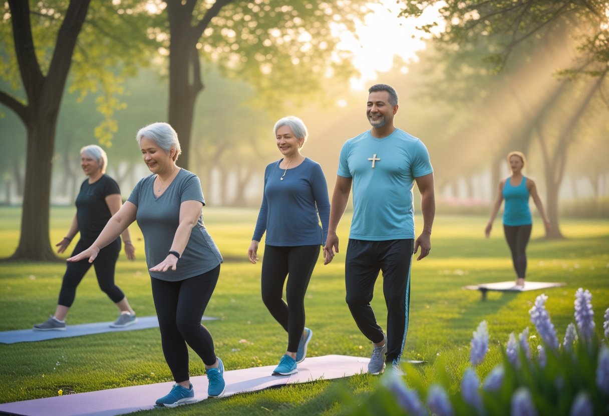 People exercising gently outdoors in a peaceful park with sunlight filtering through trees, showing a calm and supportive environment.