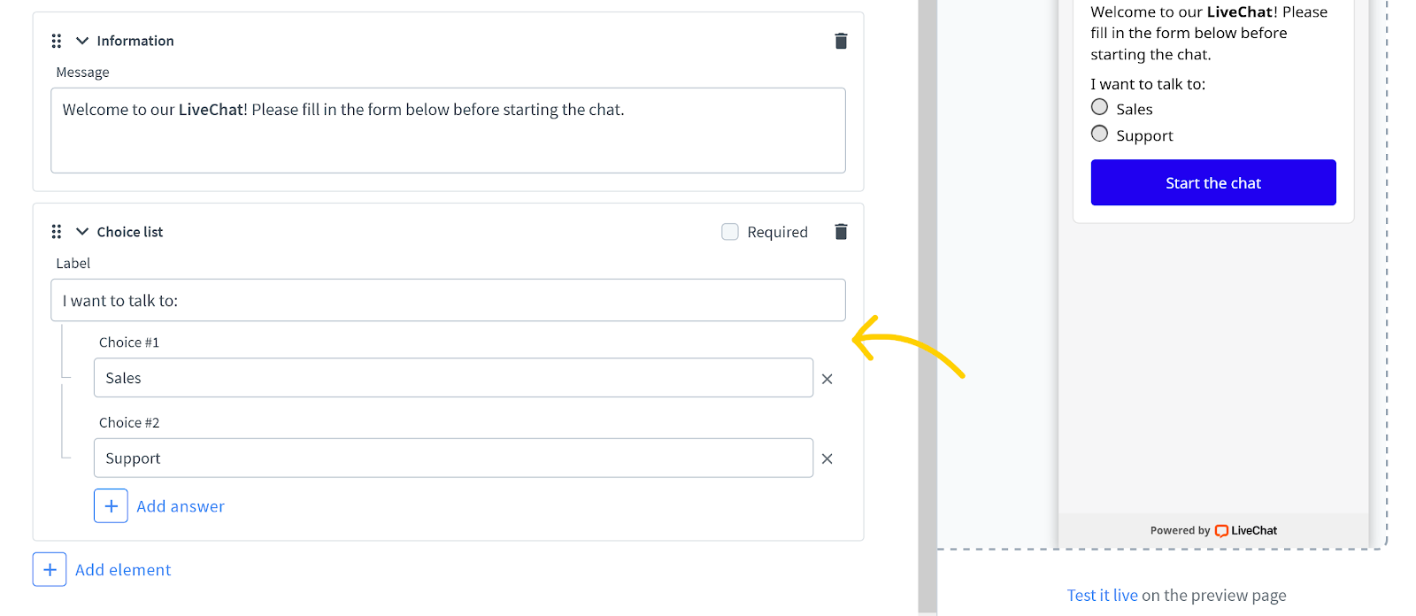 Fill in labels to add a field to the pre-chat form.